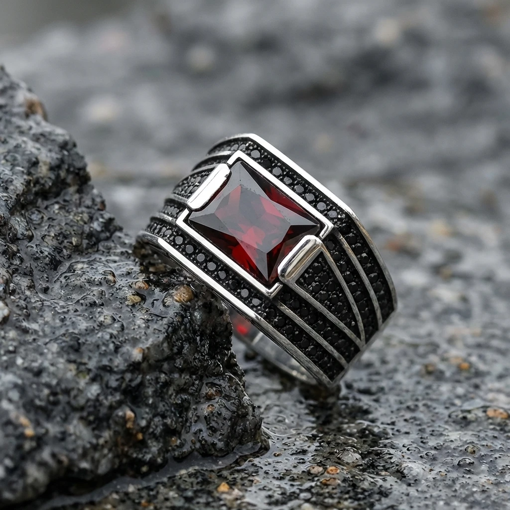 Baget Kesim Kırmızı Taşlı Üç Şeritli Mikro Taşlı Modern Erkek Yüzük