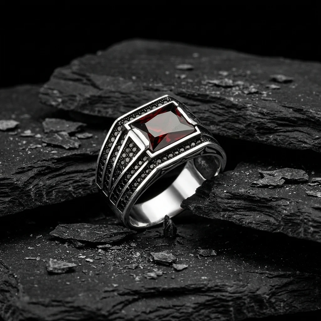 Baget Kesim Kırmızı Taşlı Üç Şeritli Mikro Taşlı Modern Erkek Yüzük