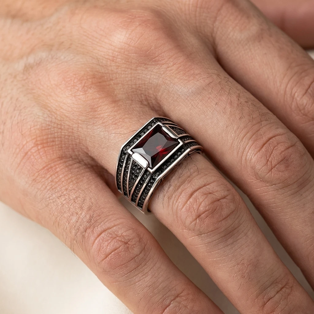 Baget Kesim Kırmızı Taşlı Üç Şeritli Mikro Taşlı Modern Erkek Yüzük