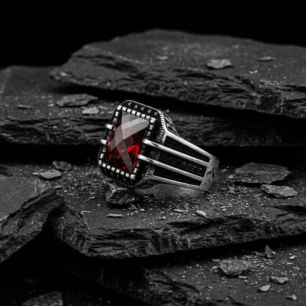 Dikdörtgen Faset Kasa Çizgi Tasarım Mikro Taş Gümüş Erkek Yüzüğü