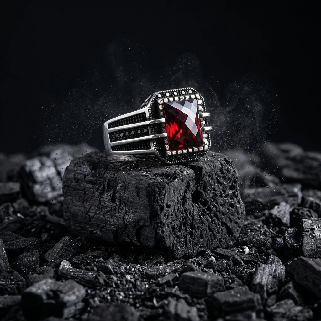 Dikdörtgen Faset Kasa Çizgi Tasarım Mikro Taş Gümüş Erkek Yüzüğü