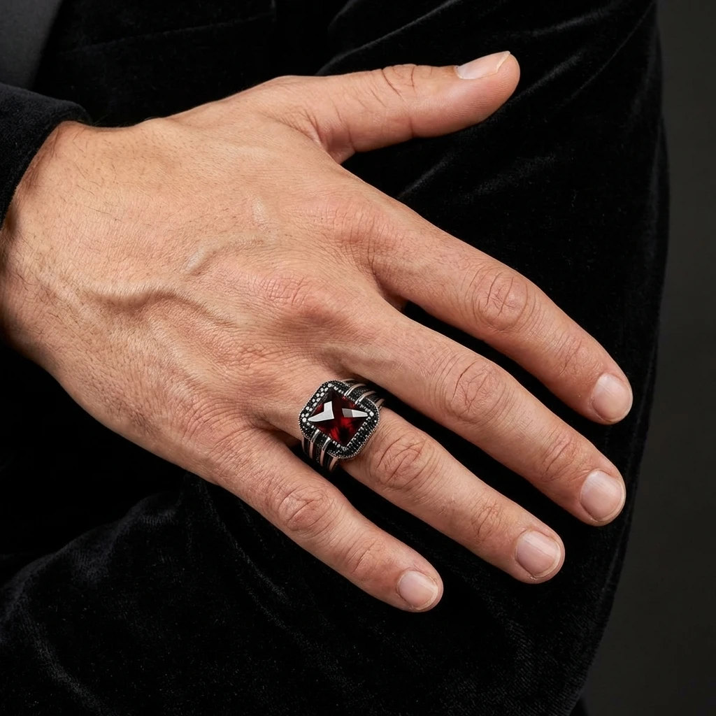 Dikdörtgen Faset Kasa Çizgi Tasarım Mikro Taş Gümüş Erkek Yüzüğü