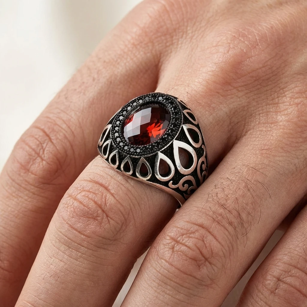 Yuvarlak Faset Damla Tasarım Mikro Taş Gümüş Erkek Yüzüğü