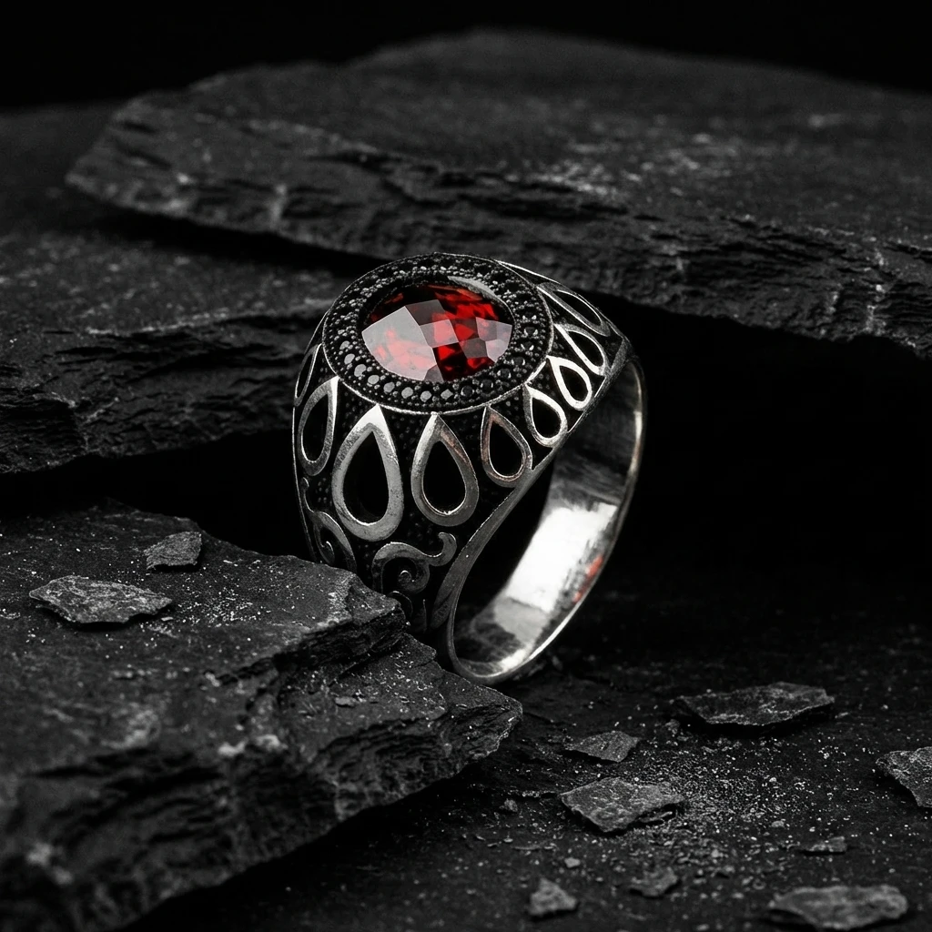 Yuvarlak Faset Damla Tasarım Mikro Taş Gümüş Erkek Yüzüğü