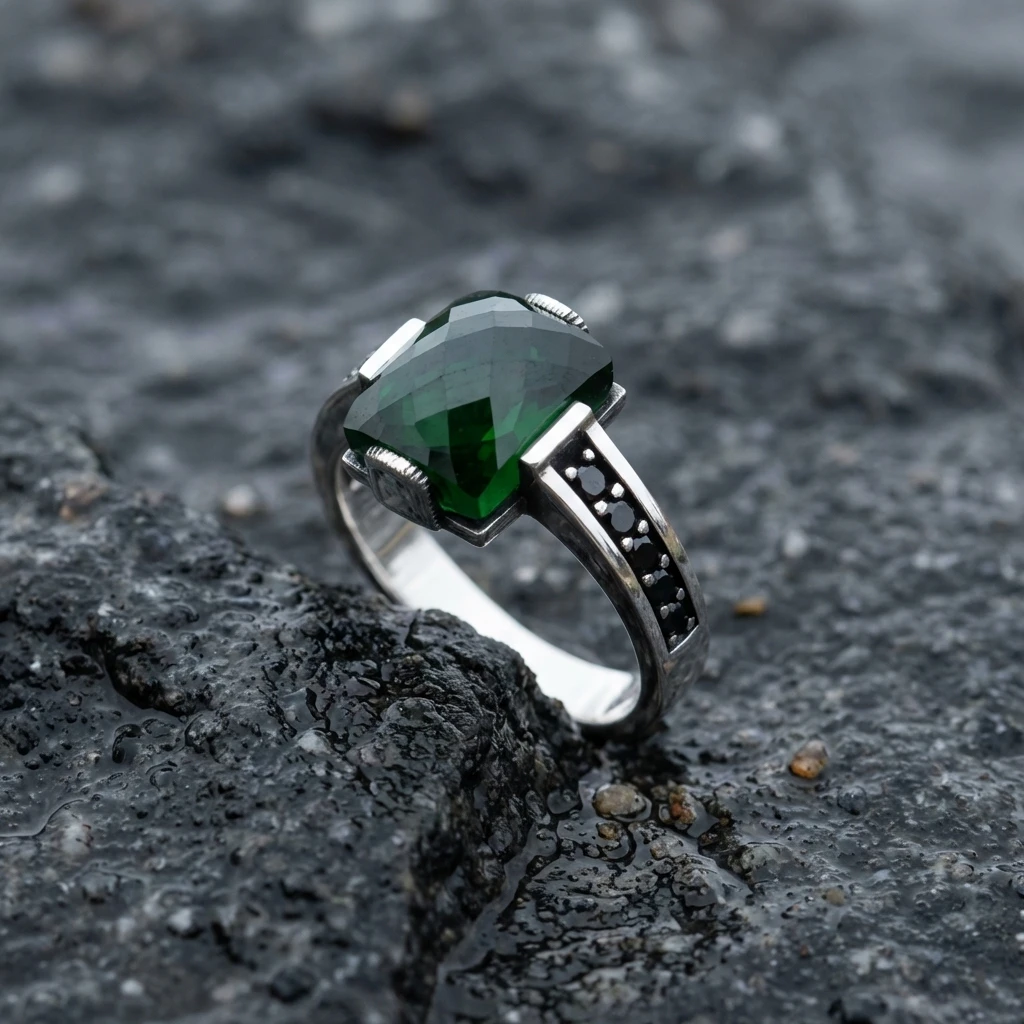 Yeşil Zirkon Faset Kesim Mikro Taş Tasarım Gümüş Erkek Yüzüğü