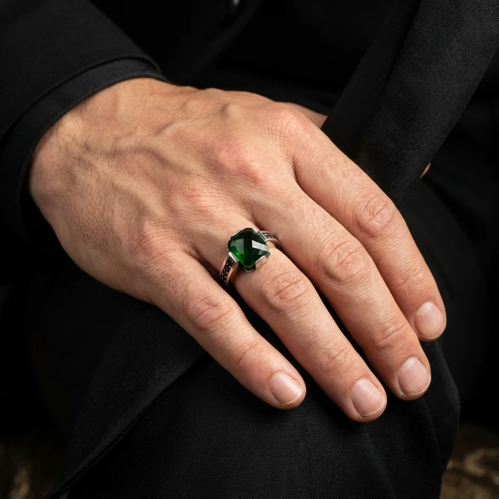 Yeşil Zirkon Faset Kesim Mikro Taş Tasarım Gümüş Erkek Yüzüğü