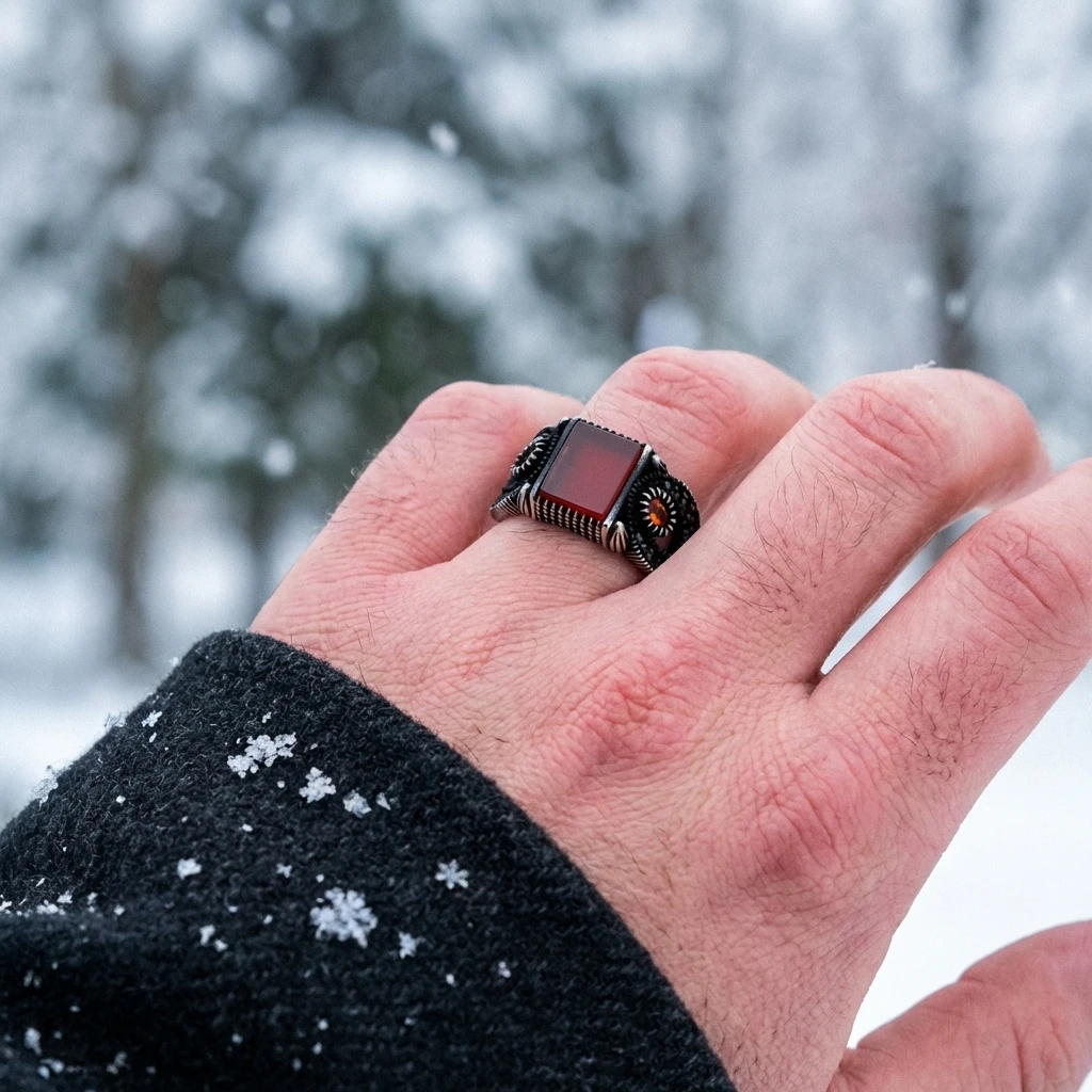 Pençe Detaylı ve Kare Kızıl Akik Erkek Yüzük