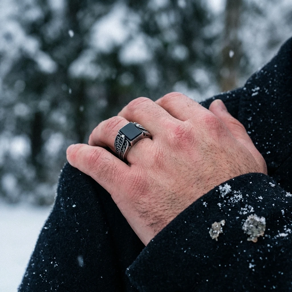 Halat Örgü Desenli Kare Siyah Oniks Erkek Yüzük