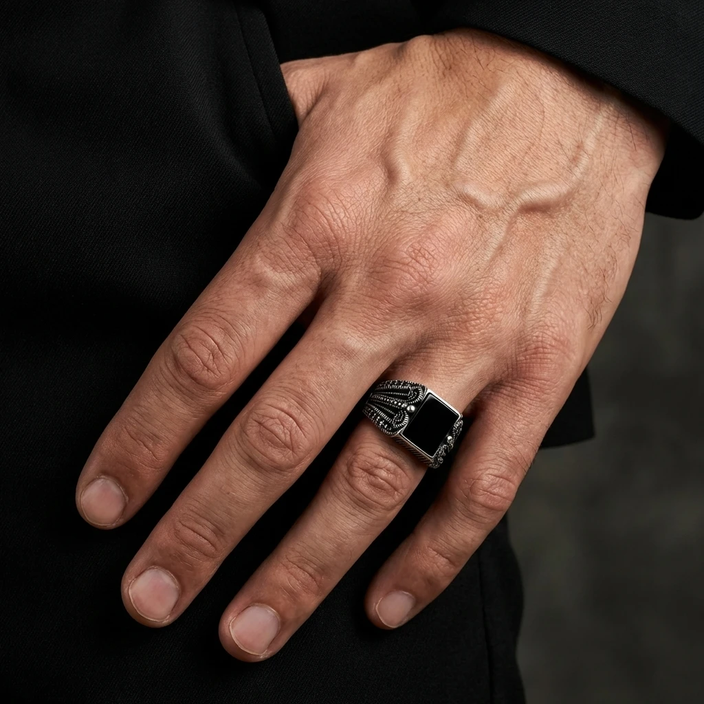 Siyah Kare Taşlı Yanları S Formu Mikro Zirkon İşlemeli Gümüş Yüzük