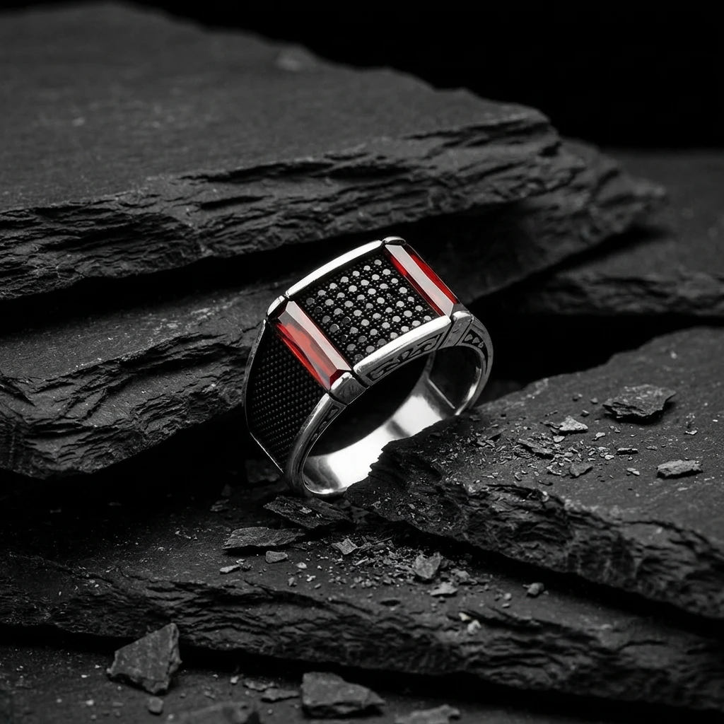 Mikro Taşlı ve Yanları Kızıl Baget Gümüş Yüzük