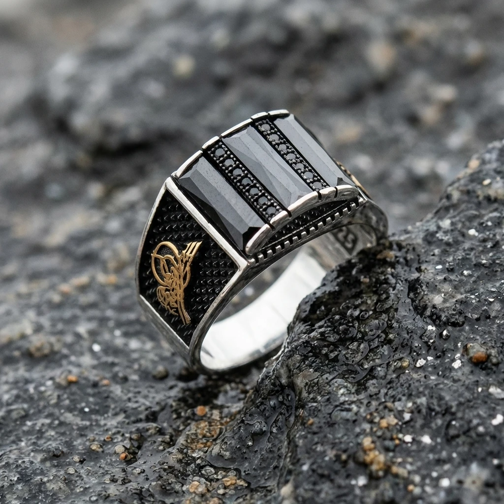 Osmanlı Tuğralı Üçlü Baget Taşlı Gümüş Yüzük