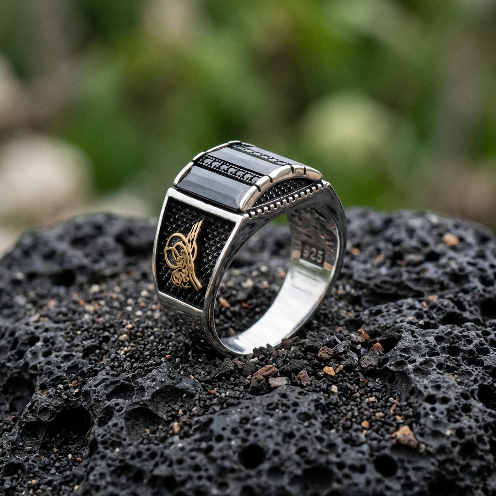 Osmanlı Tuğralı Üçlü Baget Taşlı Gümüş Yüzük