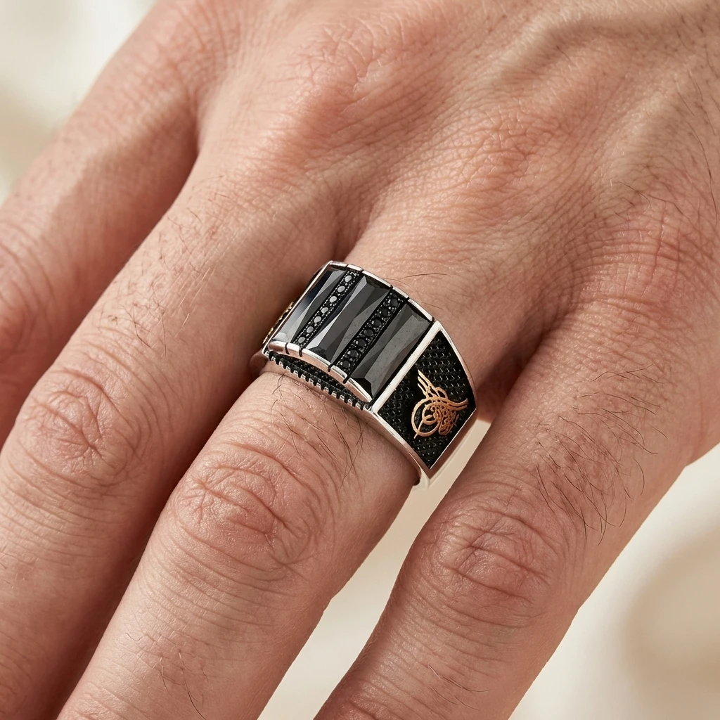 Osmanlı Tuğralı Üçlü Baget Taşlı Gümüş Yüzük