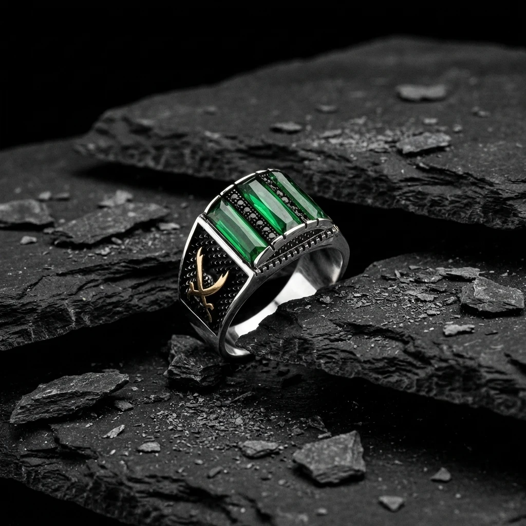 Zülfikar Kılıcı İşlemeli Üçlü Baget Taşlı Gümüş Yüzük