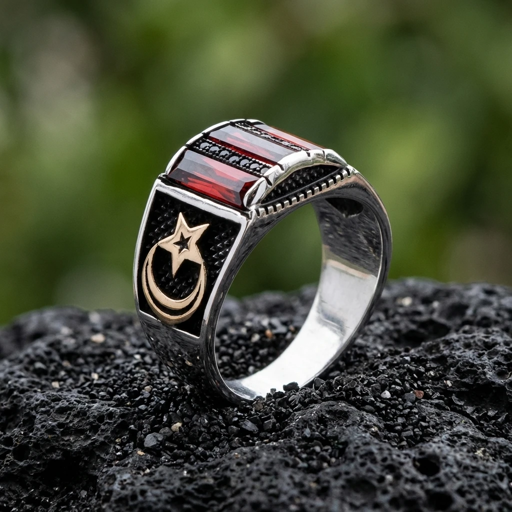 Ay Yıldız İşlemeli Üçlü Baget Taşlı Gümüş Yüzük