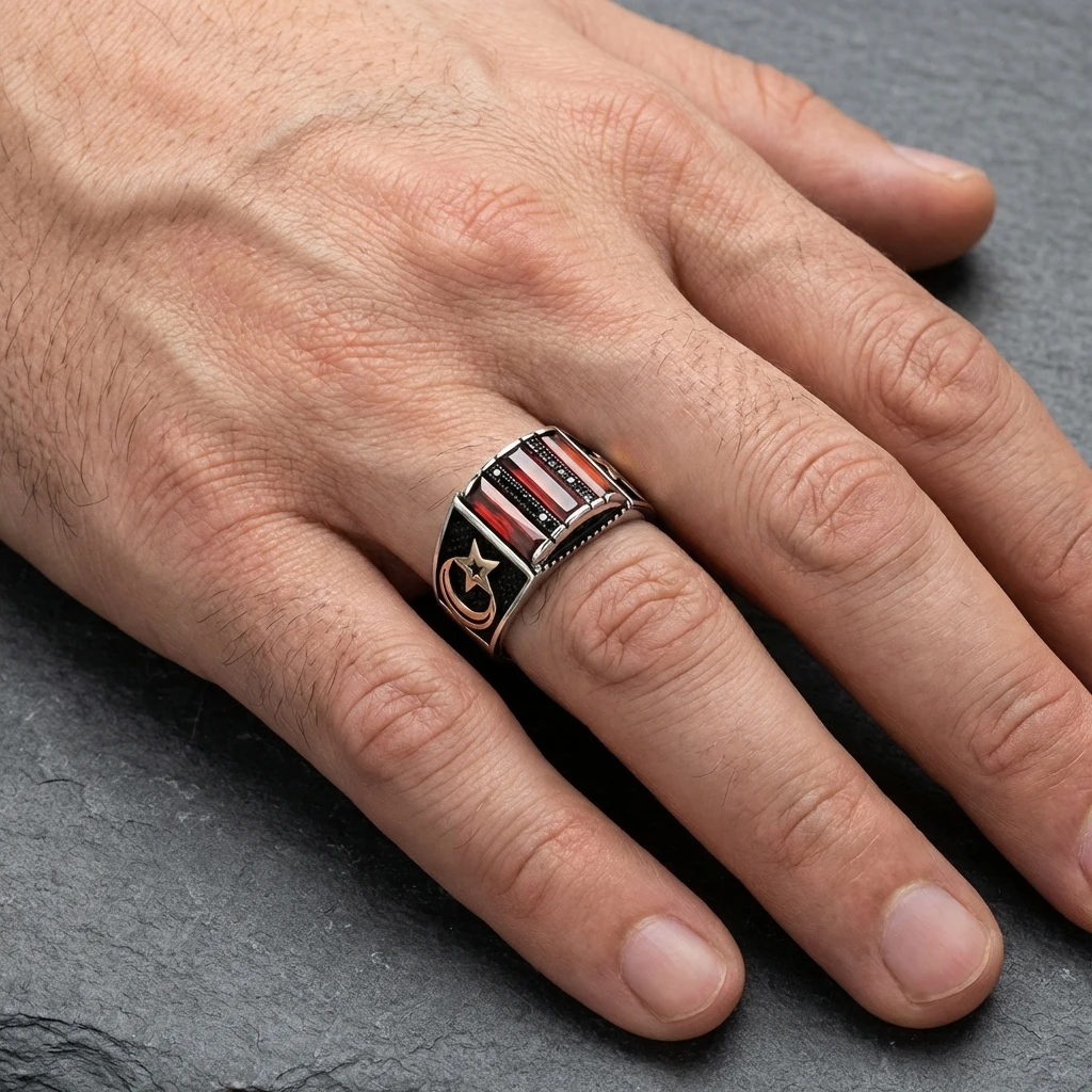 Ay Yıldız İşlemeli Üçlü Baget Taşlı Gümüş Yüzük