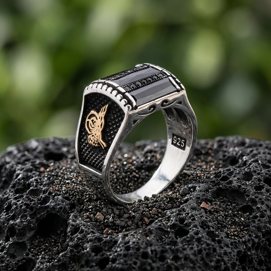 Osmanlı Tuğralı Üçlü Baget Taşlı Gümüş Yüzük