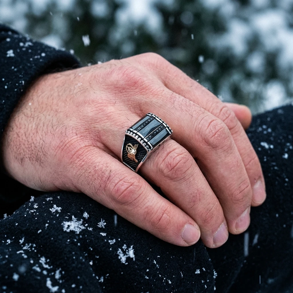 Osmanlı Tuğralı Üçlü Baget Taşlı Gümüş Yüzük