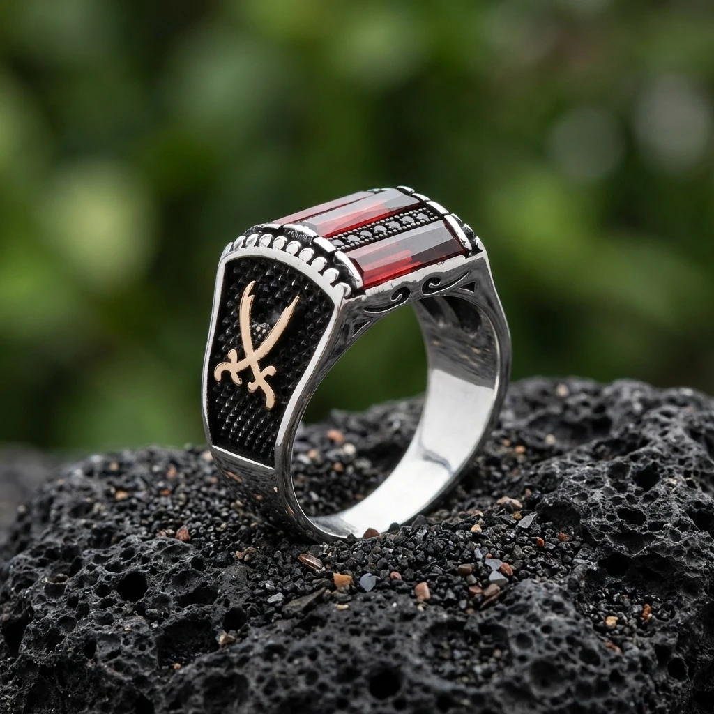 Zülfikar Kılıcı İşlemeli Üçlü Baget Taşlı Gümüş Yüzük