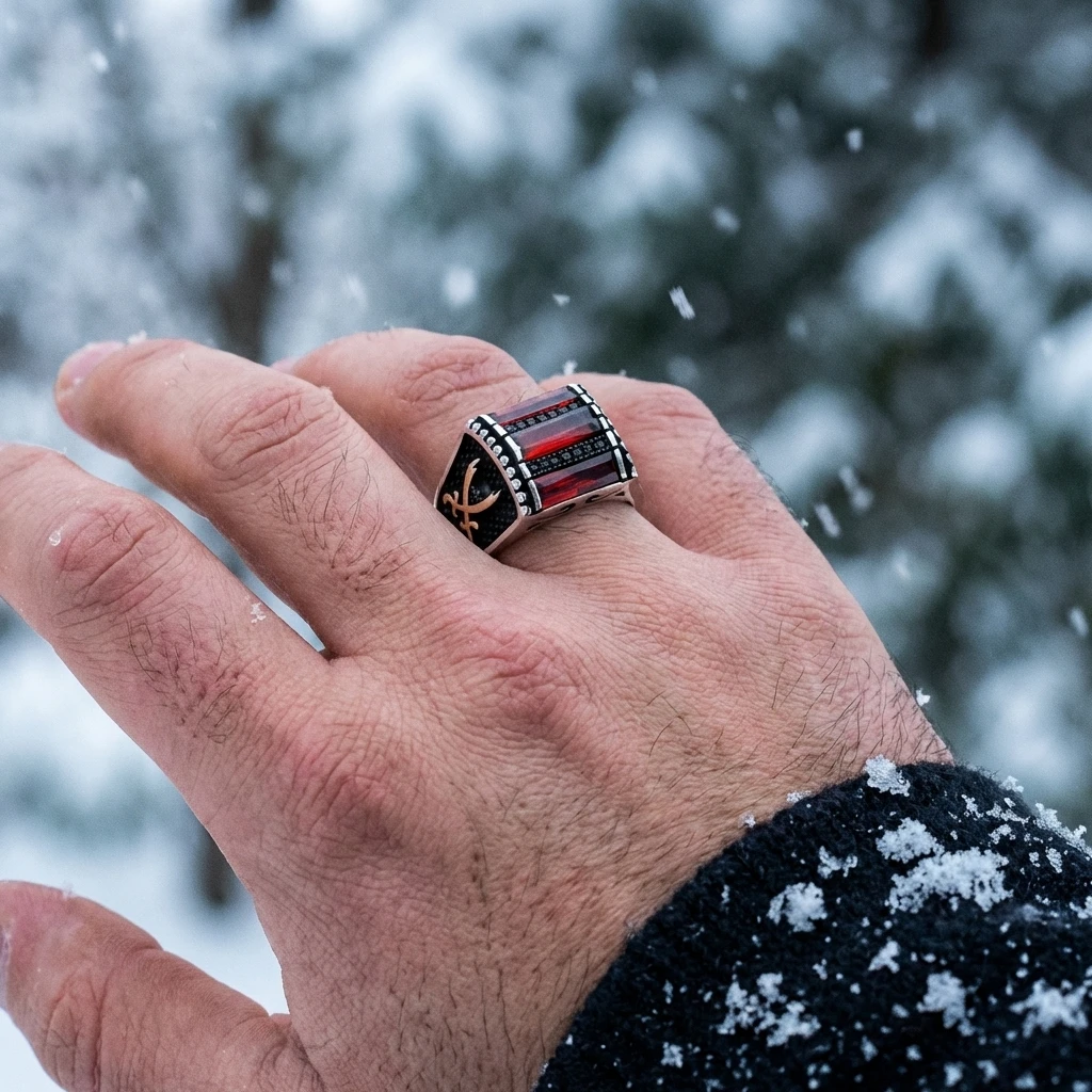 Zülfikar Kılıcı İşlemeli Üçlü Baget Taşlı Gümüş Yüzük