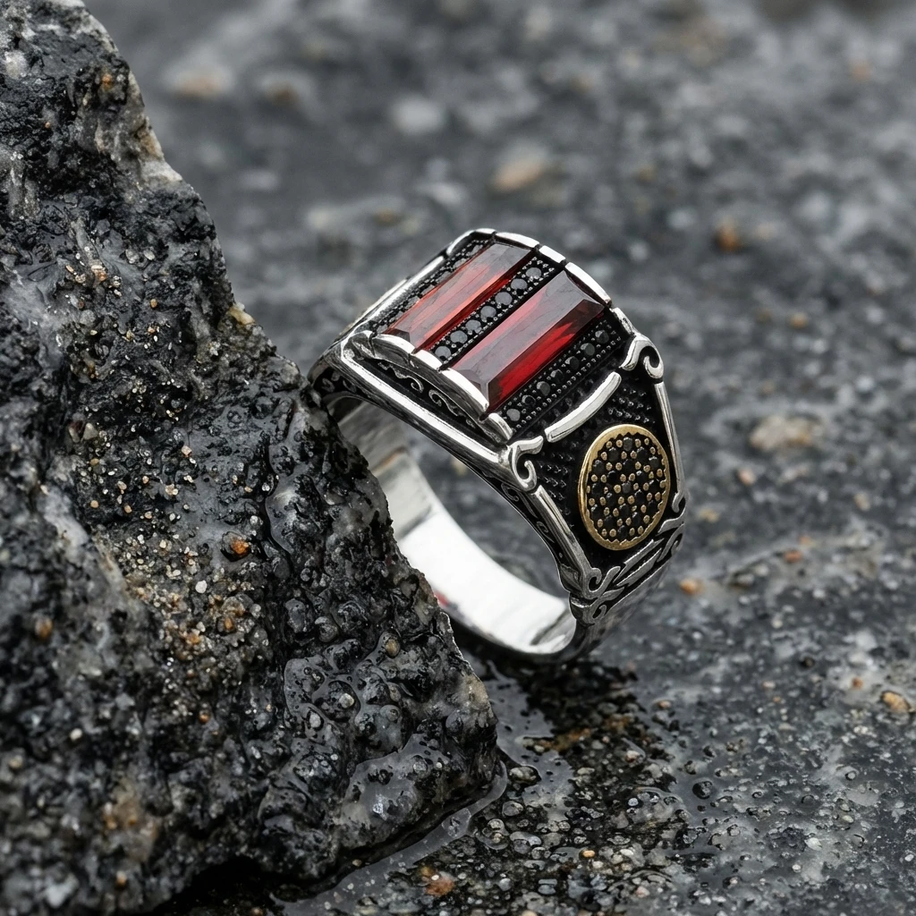 İkili Baget Taşlı Altın Detaylı Gümüş Yüzük