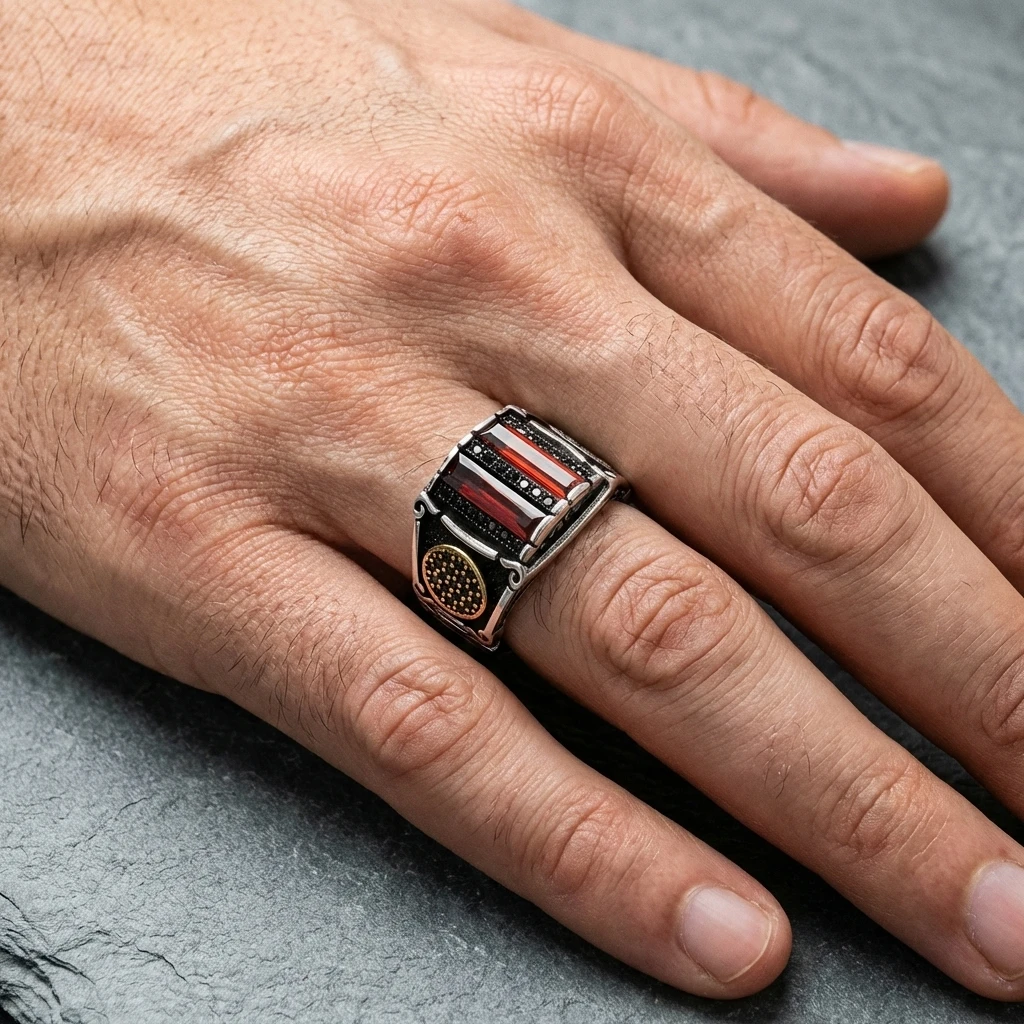 İkili Baget Taşlı Altın Detaylı Gümüş Yüzük