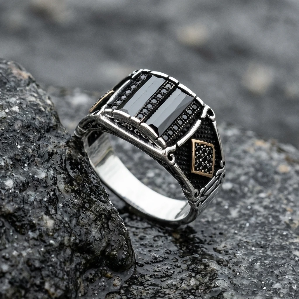 Üçlü Baget Taşlı Altın Detaylı Gümüş Yüzük