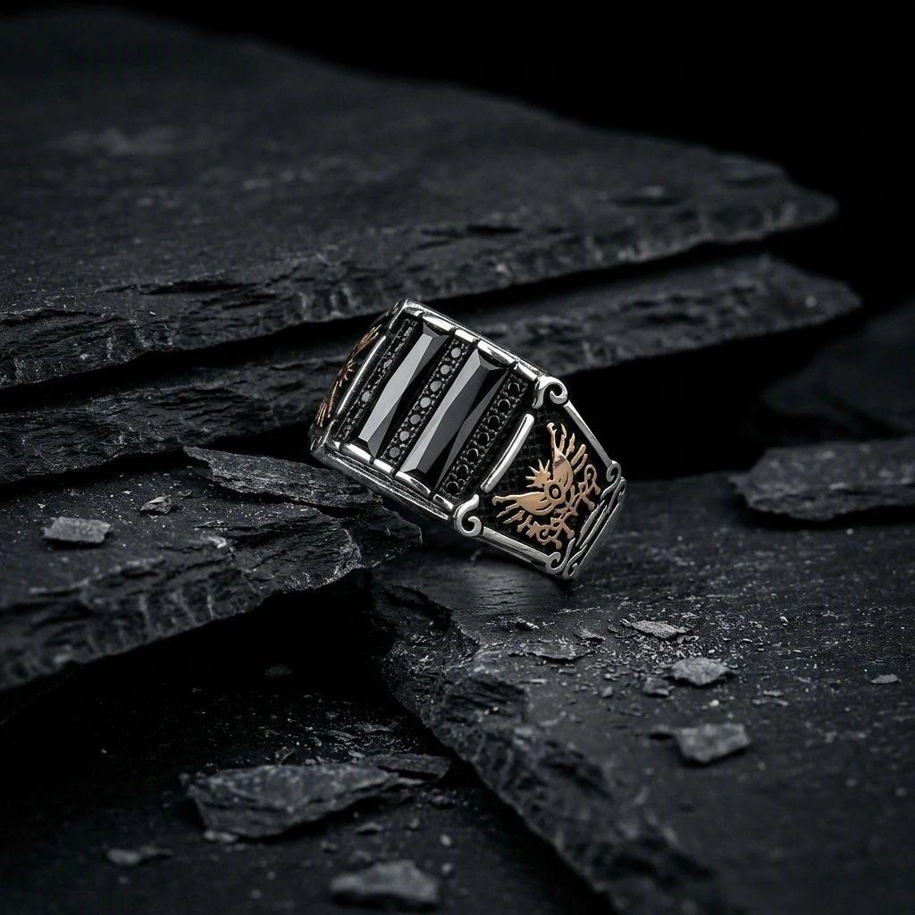 Osmanlı Motifli Üçlü Baget Taşlı Gümüş Yüzük