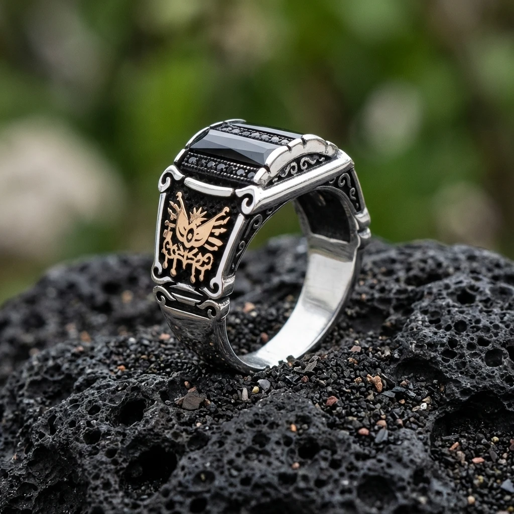 Osmanlı Motifli Üçlü Baget Taşlı Gümüş Yüzük