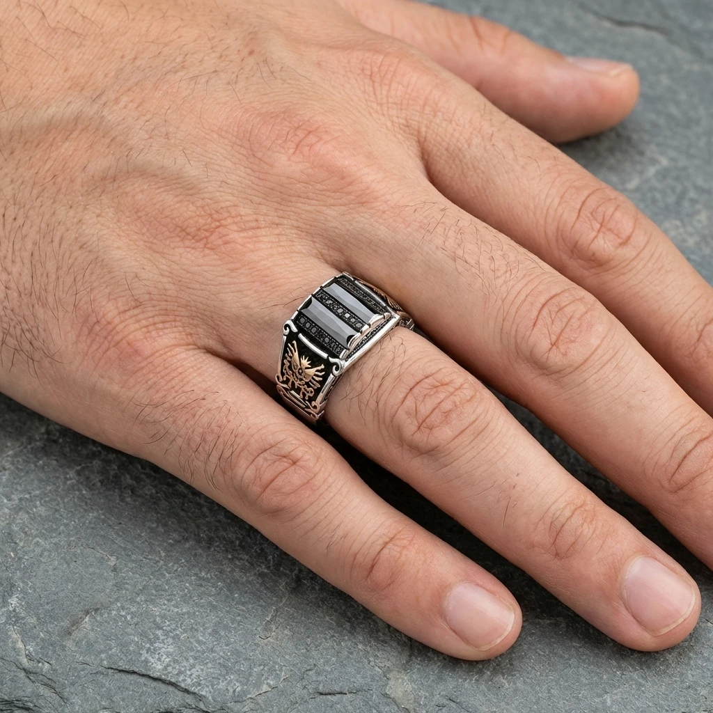 Osmanlı Motifli Üçlü Baget Taşlı Gümüş Yüzük