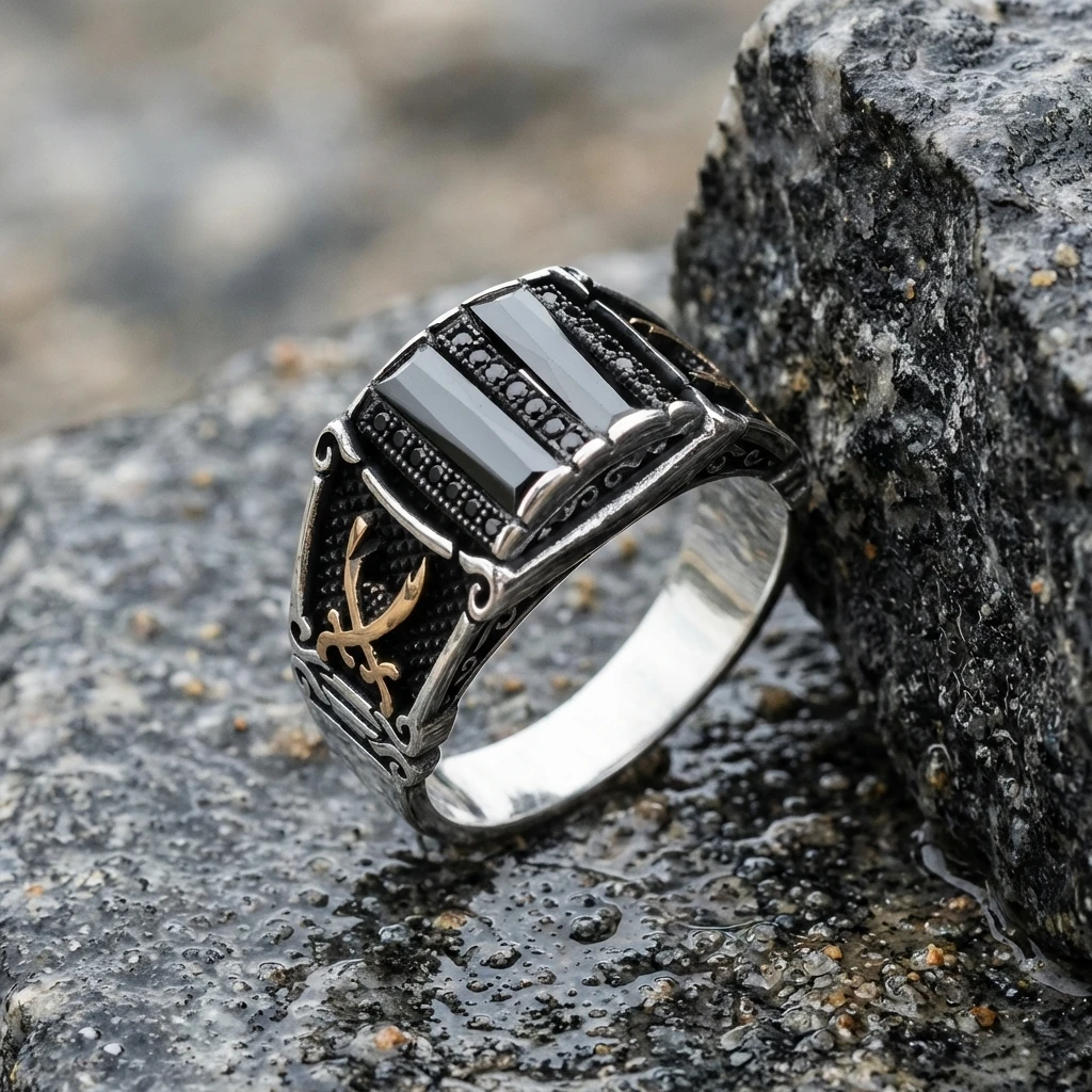 Zülfikar Kılıcı İşlemeli İkili Baget Taşlı Gümüş Yüzük