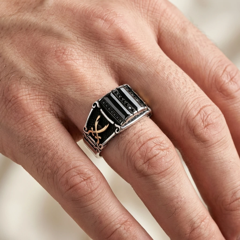 Zülfikar Kılıcı İşlemeli İkili Baget Taşlı Gümüş Yüzük