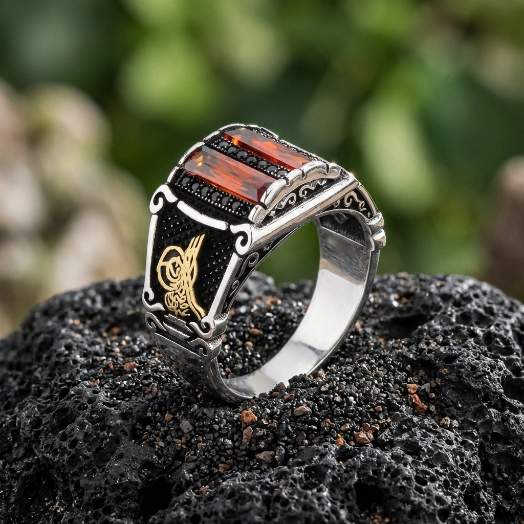 Osmanlı Tuğrası İşlemeli İkili Baget Taşlı Gümüş Yüzük