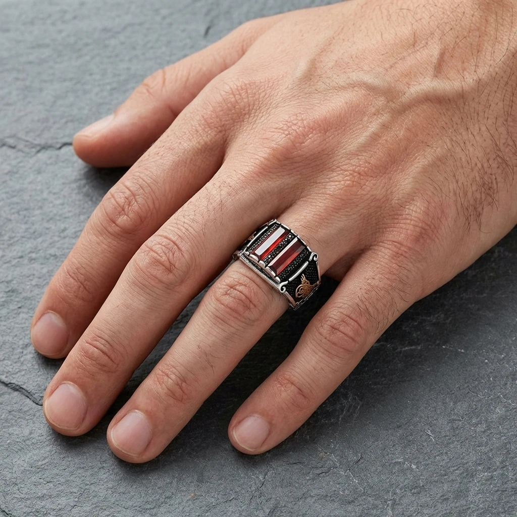 Osmanlı Tuğrası İşlemeli İkili Baget Taşlı Gümüş Yüzük