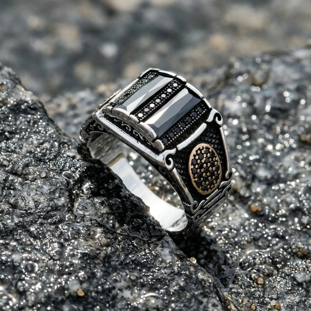 İkili Baget Taşlı Altın Detaylı Gümüş Yüzük