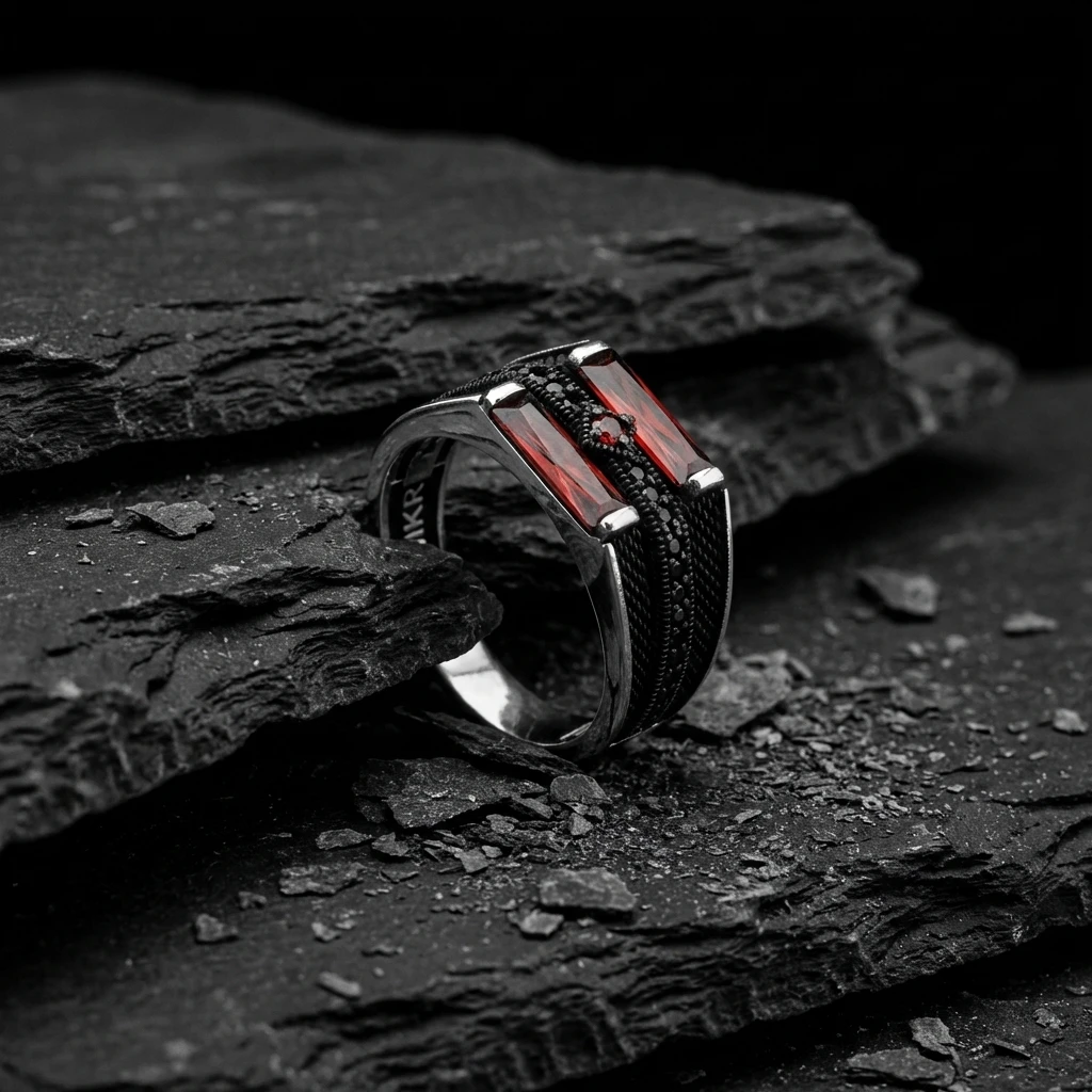 İkili Baget Taşlı Nokta Desenli Gümüş Yüzük