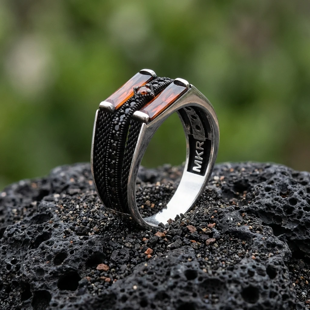 İkili Baget Taşlı Nokta Desenli Gümüş Yüzük