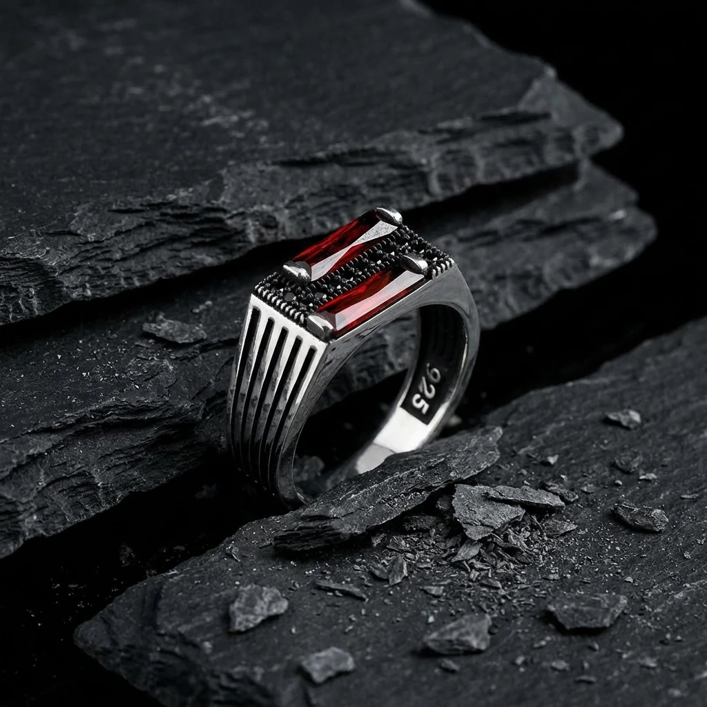 Osmanlı Motifli İkili Baget Taşlı Gümüş Yüzük