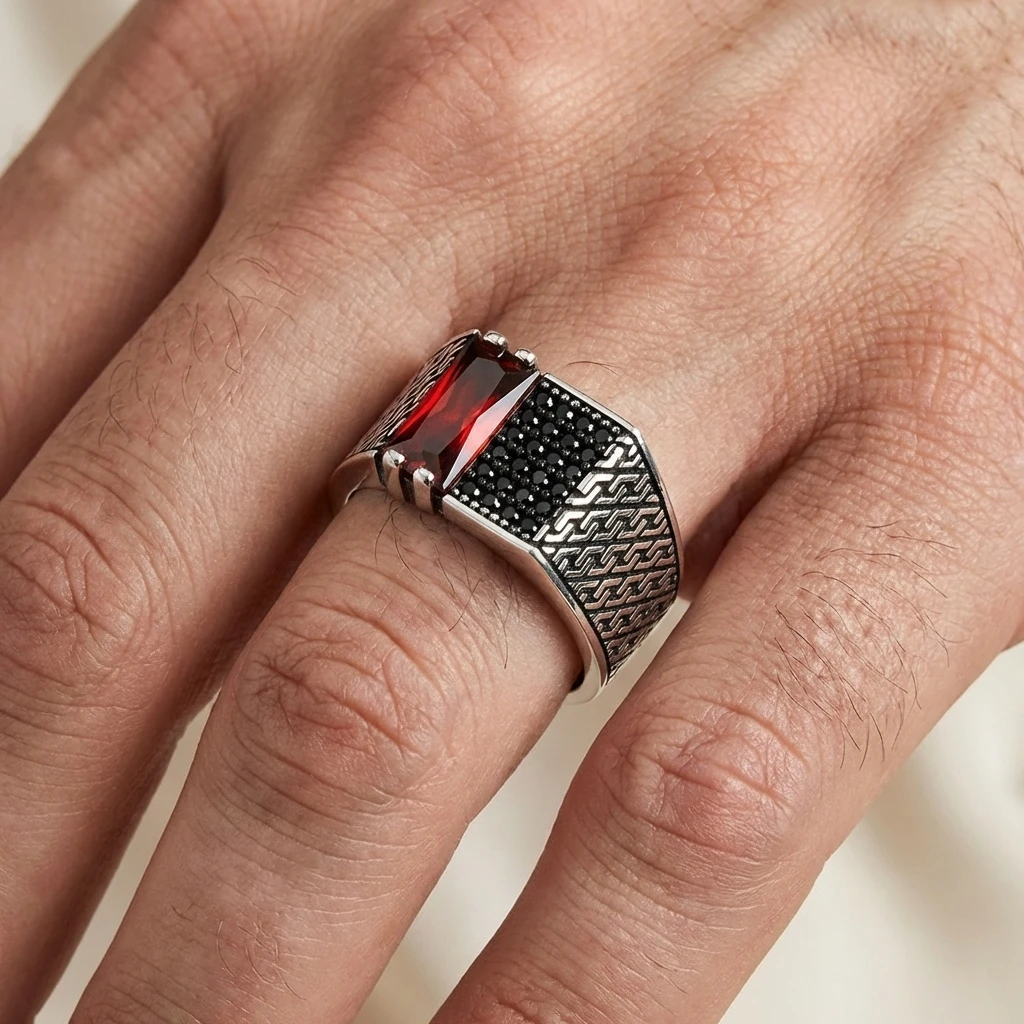 Tekli Baget Taşlı Geometrik İşlemeli Gümüş Yüzük