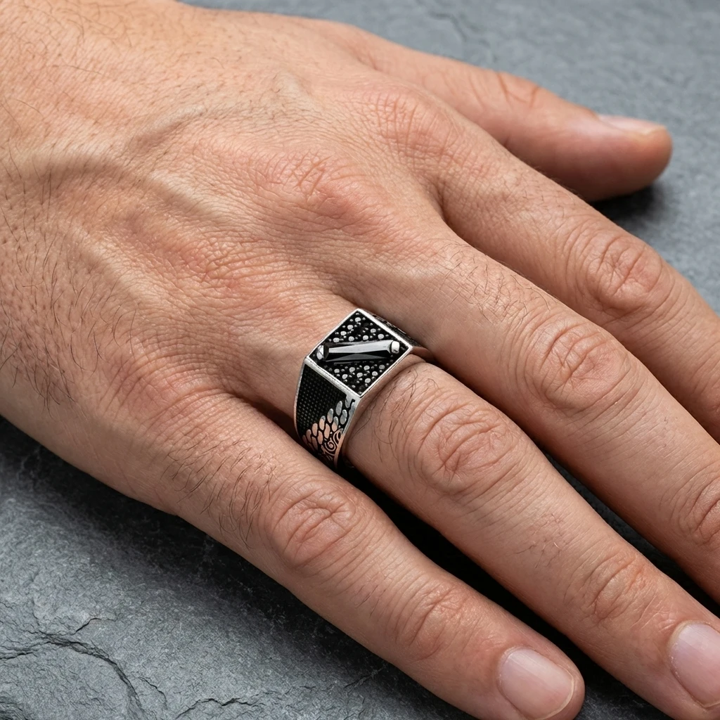 Tekli Baget Taşlı Yaprak Desen İşlemeli Gümüş Yüzük