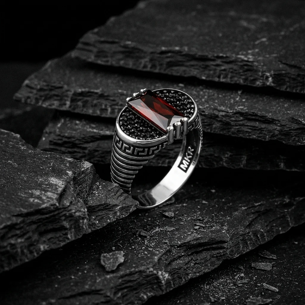 Yatay Baget Taşlı Labirent Desenli Gümüş Yüzük