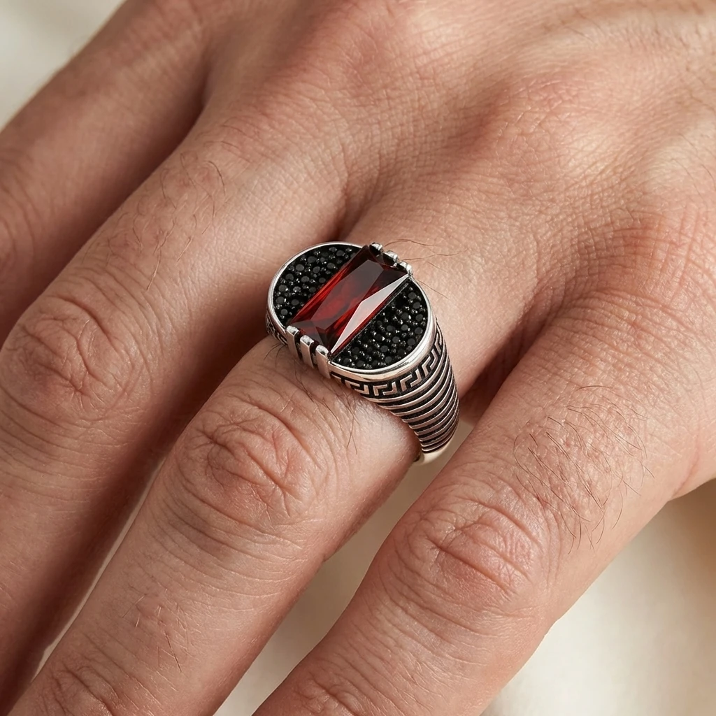 Yatay Baget Taşlı Labirent Desenli Gümüş Yüzük