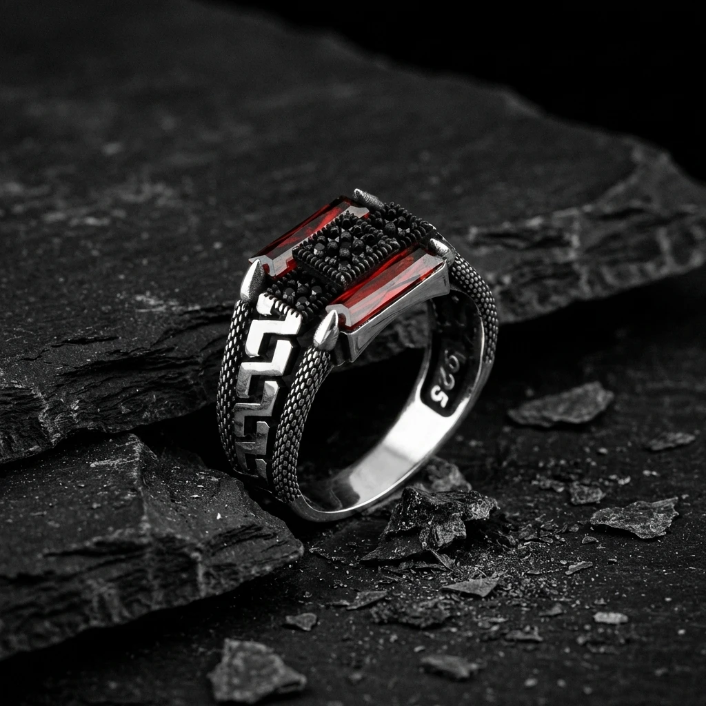 Tekli Baget Taşlı Modern İşlemeli Gümüş Yüzük