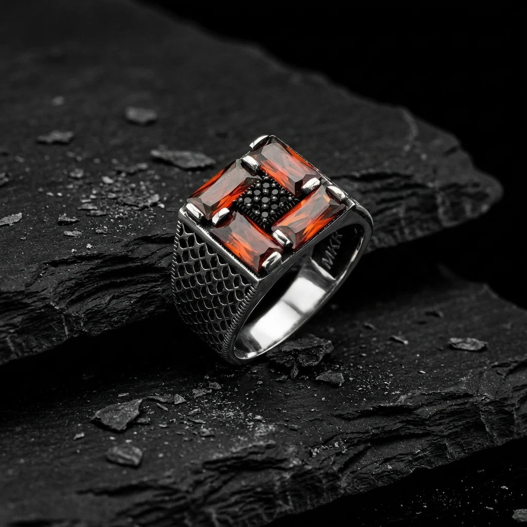 Dörtlü Baget Taşlı Petek Desenli Gümüş Yüzük