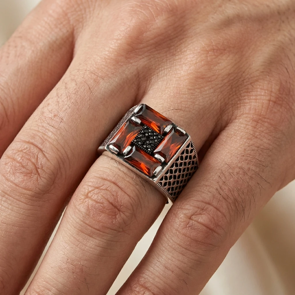 Dörtlü Baget Taşlı Petek Desenli Gümüş Yüzük