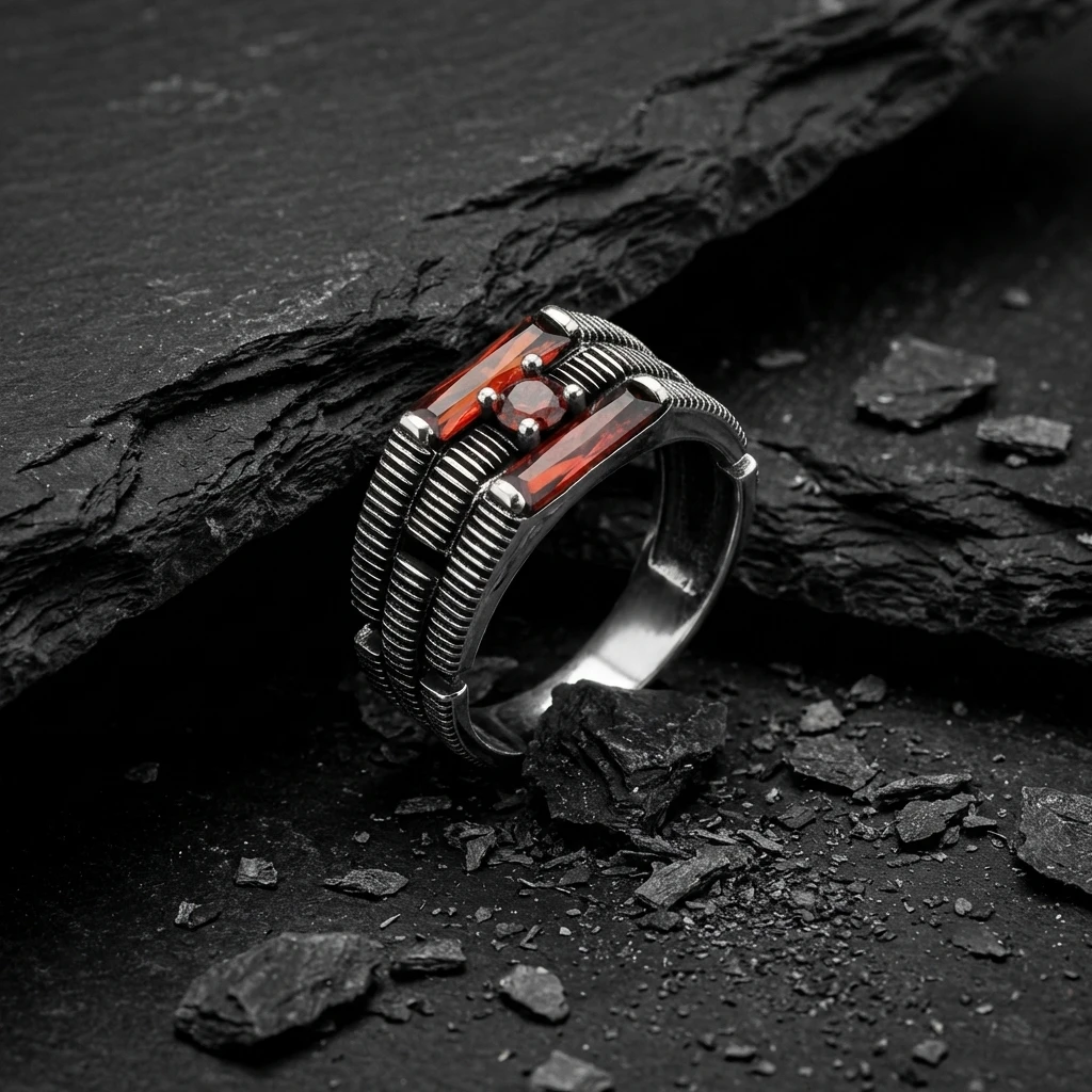 Yatay Çizgi Desenli Üçlü Taşlı Gümüş Yüzük