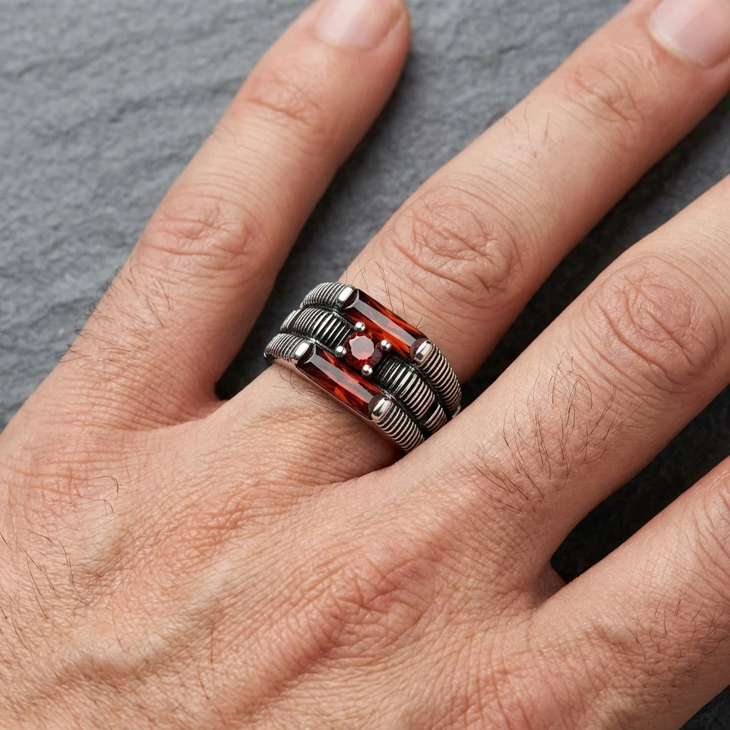 Yatay Çizgi Desenli Üçlü Taşlı Gümüş Yüzük