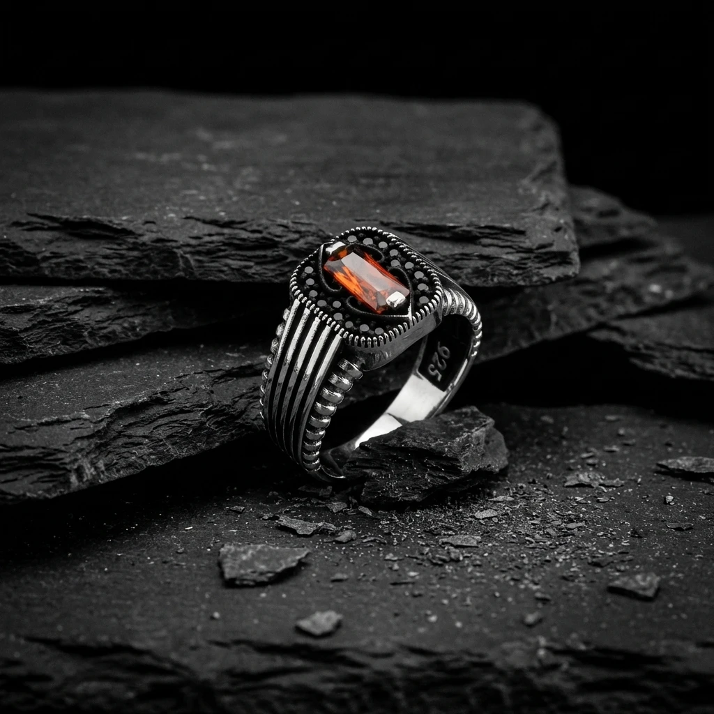 Kalp Motifli Baget Taşlı Gümüş Yüzük