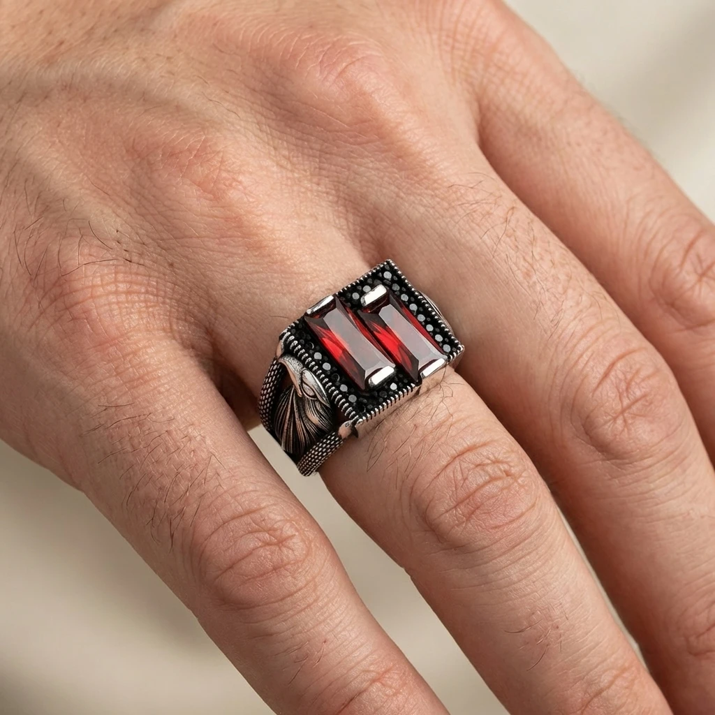 Kartal Figürlü Çift Baget Taşlı Gümüş Yüzük