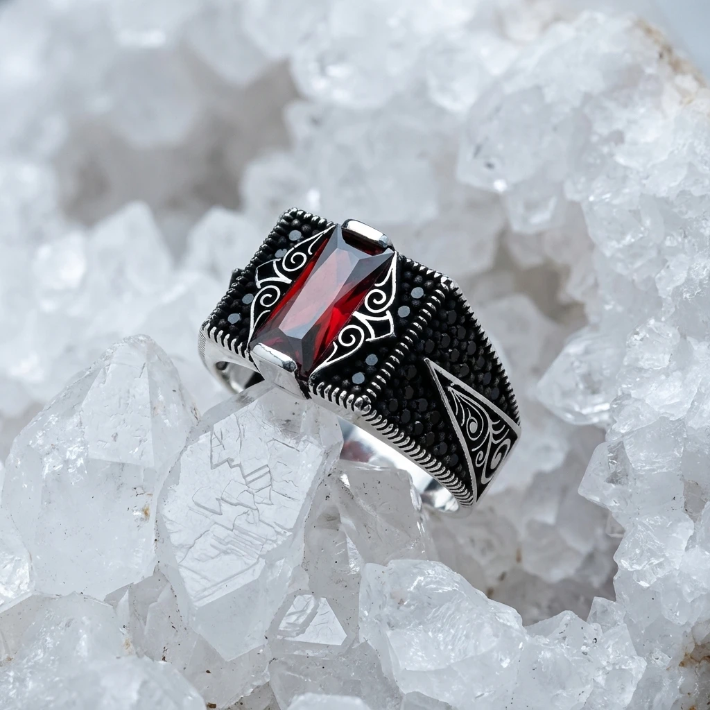 Barok İşlemeli Baget Taşlı Gümüş Yüzük